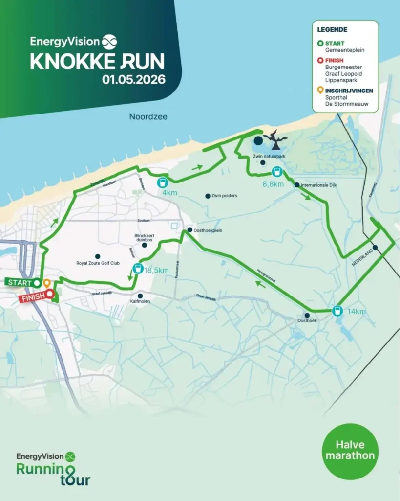 Kaart van het parcours van de Energy Vision Knokke Run 2026 die op 1 mei 2026 zal gelopen worden.